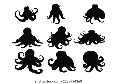 Octopus with long tentacles silhouette set vector. Octopus icon silhouette design collection. Sea creatures silhouette bundle with tentacles. Squid with tentacles silhouette on a white background.