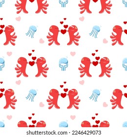 Octopus lover red cartoon so cute.on jellyfish heart white background.pattern seamless vector illustration.for Valentine’s Day.
