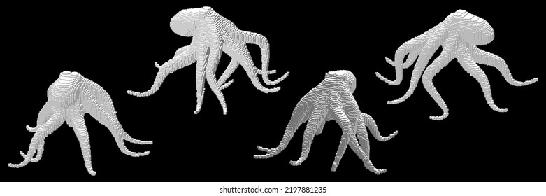 Octopus made from cubes. Voxel art. Futuristic concept. 3d Vector illustration. Dimetric projection.