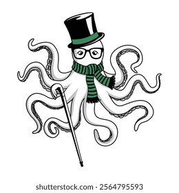 An octopus with a magic wand and a top hat on its tentacles. Vector illustration