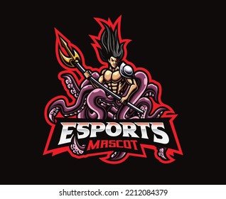 Octopus man mascot logo design. Vector illustration octopus monster with trident. Logo illustration for mascot or symbol and identity, emblem sports or e-sports gaming team