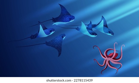 Octopus and manta ray fishes marine animals, sea creatures vector illustration. Blue eagle ray fishes, red octopus mollusk, manta ray scuba. Eagle or devil fish group, stingray giant ocean animals.