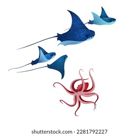 Octopus and manta ray fishes marine animals, sea creatures vector illustration. Blue eagle ray fishes, red octopus mollusk, manta ray scuba. Eagle or devil fish group, stingray giant ocean animals.