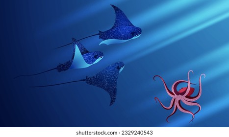 Octopus and manta ray fishes marine animals, sea creatures vector illustration. Blue eagle ray fishes, red octopus mollusk, manta ray scuba. Eagle or devil fish group, stingray giant ocean animals.