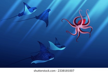 Octopus and manta ray fishes marine animals, sea creatures vector illustration. Blue eagle ray fishes, red octopus mollusk, manta ray scuba. Eagle or devil fish group, stingray giant ocean sea animals