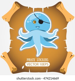 Octopus. Marine life. Vector stickers on the pirate theme.