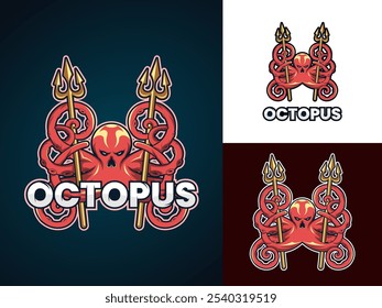 Octopus mascot logotipo design vetor, Octopus e Twin Trident esport mascote logotipo design, impressão de emblema e camiseta