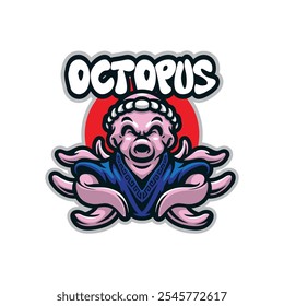 Octopus mascot logo design vector with modern illustration concept style for badge, emblem and t shirt printing. Smart octopus illustration for food and restaurant.