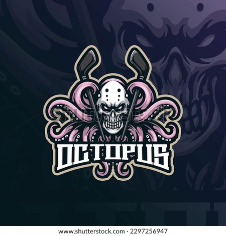 octopus mascot logo design vector with modern illustration concept style for badge, emblem and t shirt printing. octopus hockey illustration with stick in hand.
