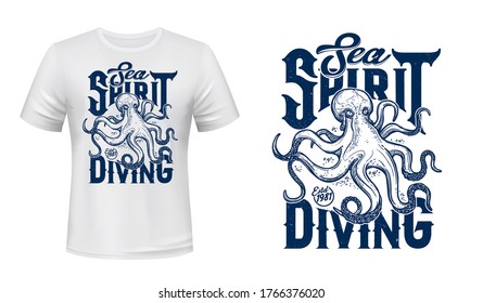 Octopus mascot t-shirt print vector mockup. Scary octopus, ocean mollusk, deep water monster with tentacles, legendary kraken engraved illustration and typography. Sea diving apparel print template
