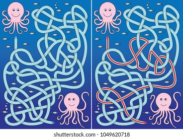 Octopus maze for kids with a solution