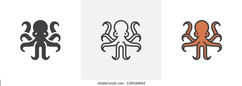 Octopus, mollusk icon. Line, glyph and filled outline colorful version, octopus sea animal outline and filled vector sign. Symbol, logo illustration. Different style icons set. Vector graphics