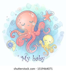 Octopus mom with a toddler. Baby shower. Watercolor. Vector.