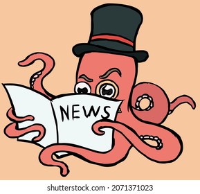 An octopus with a monocle and a top hat reading a newspaper.