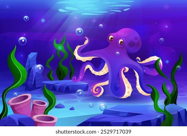 Fondo de monstruo de pulpo. Mar Kraken bajo el océano. Calamar animal submarino, acuario de dibujos animados. Molusco nadador con tentáculos, fauna oceánica tropical. Diseño lindo del Vector, naturaleza ordenada del agua