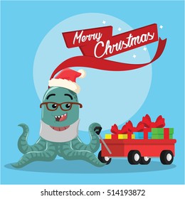 octopus monster carrying christmas presents with a cart