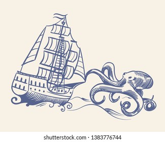 Octopus monster. Sketch sailboat vintage medieval pirate ship run away from kraken and waves nautical travel vector floating vessel ancient concept