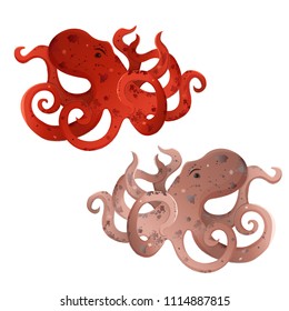 Octopus and Moon on White. Graphic illustration of underwater creature and flowers and moon. Vector design. eps10