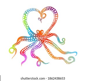 Octopus multicolored. Octopus graphic. Love. Happy Valentine's Day. The octopus makes a heart out of its tentacles . Vector illustration