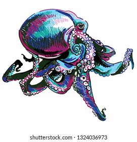 
Octopus. Multicolored sketch. Pop Art. Summer print. Figured markers.