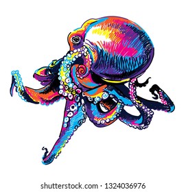 
Octopus. Multicolored sketch. Pop Art. Summer print. Figured markers.