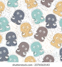 Octopus multicolored watercolor seamless pattern. Cute pattern for kids. Vector flat illustrations and icon set