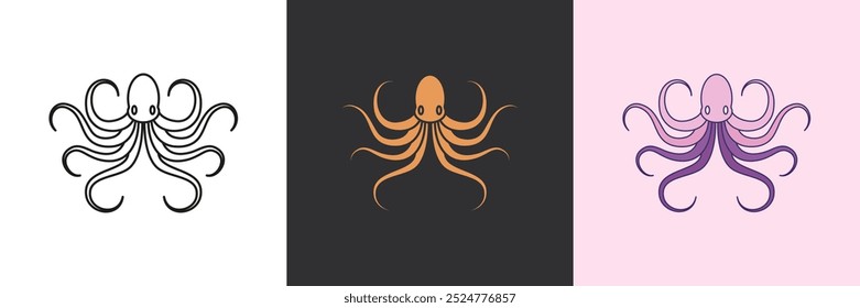 Octopus mystic icon set. Black and colorful geometric vector logo template