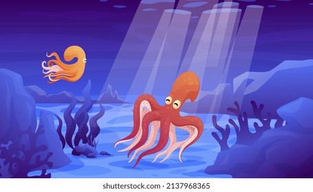 Octopus ocean floor vector flat illustration. Floating sea habitat underwater wildlife with blue water cliffs, coral reefs, algae, sunlight beam. Deep diving marine undersea monsters natural animals