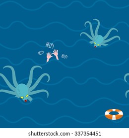 Octopus in ocean. Man drowns seamless pattern. Repeating Waves in sea. Hands in water. Lifebuoy and dreaded kraken. Drowning shouts "Help". Marine predator on hunt.