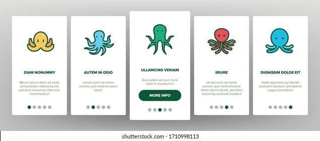 Octopus Ocean Mollusk Onboarding Icons Set Vector. Octopus Marine Sea Clam With Tentacles, Swimming Aquatic Invertebrate Illustrations