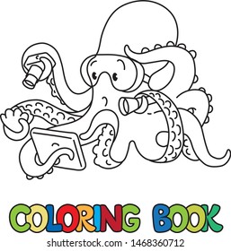 Octopus oceanographer. Coloring picture or coloring book of funny octopus oceanologist with flashlight and camera on the seabed. Animals with profession ABC. Children vector illustration. Alphabet O
