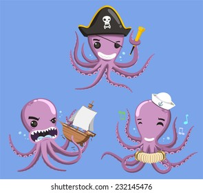 Octopus octopuses mollusk ocean coral reef animal, vector illustration cartoon. 