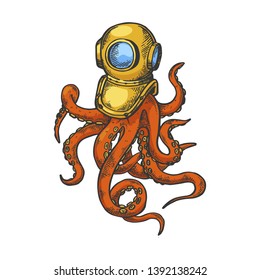 Octopus and old diver helmet color sketch engraving vector illustration. Scratch board style imitation. Black and white hand drawn image.