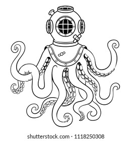 Octopus and old diver helmet coloring vector illustration. Isolated image on white background. Comic book style imitation.