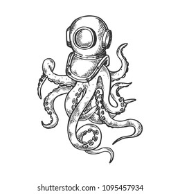 Octopus and old diver helmet engraving vector illustration. Scratch board style imitation. Black and white hand drawn image.