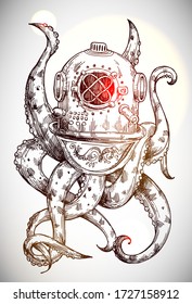 Octopus in a old diving helmet. Hand drawn vector illustration. Steampunk style.