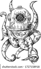 Oktopus in einem alten Tauchhelm. Handgezeichnete Vektorgrafik. Steampunkstil.