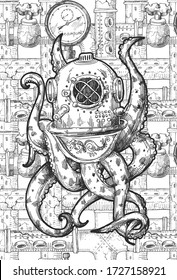 Octopus in a old diving helmet. Hand drawn vector illustration. Steampunk style.