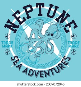 octopus on an anchor with text Neptune sea adventures and blue background