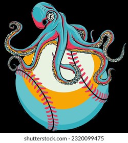 octopus on baseball ball on black background vector illustration design