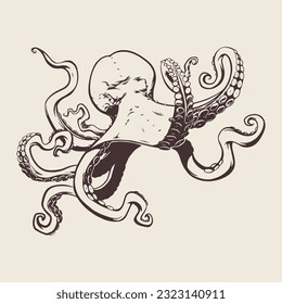 Octopus on beige background in hand draw style for print and design. Vector illustration.