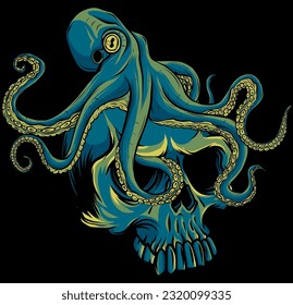 octopus on human skull vector illustration on black background