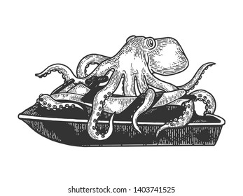 Octopus on jetski water bike sketch engraving vector illustration. Scratch board style imitation. Black and white hand drawn image.