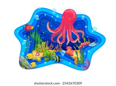 Octopus on paper cut underwater landscape surrounded by colorful fish, coral and aquatic plants. 3d vector blue wavy, papercut border with playful and immersive view of the ocean floor and marine life