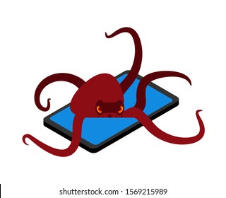 Octopus on phone. Animal in smartphone. vector illustration