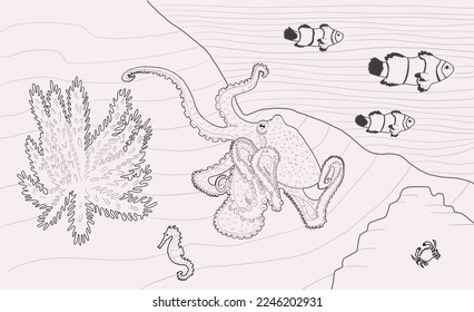 Octopus on the seabed in line art style