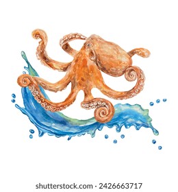 Octopus on the wave, watercolor. Sea life vector illustration. Design element for postcards, travel banners, flyers, labels, posters, covers.