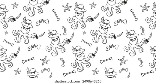 Octopus outline pirate character seamless pattern in flat design