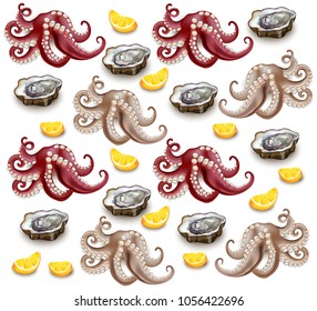 Octopus and oysters pattern Vector realistic. Detailed 3d illustrations