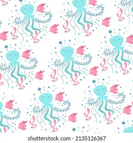 octopus pattern with marine plants all around